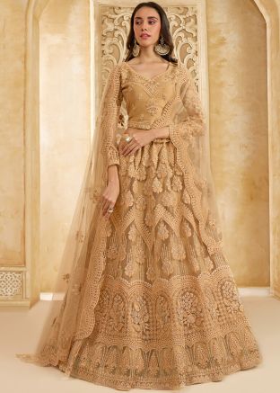 Beige Embroidered Net Lehenga Choli With Dupatta
