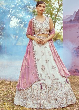 White Embroidered Lehenga Choli In Viscose