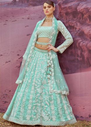 Turquoise Dori Embroidered Organza Lehenga Choli