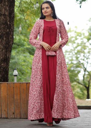 Readymade Embroidered Gown With Jacket In Pink