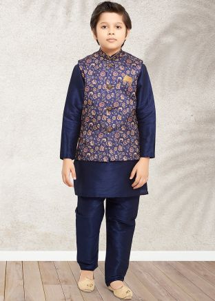 Blue Kids Kurta Pajama With Printed Jacket In Art Silk