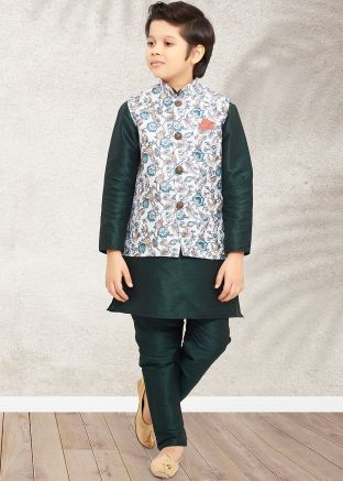 Green Kids Kurta Pajama With Floral Printed Jacket