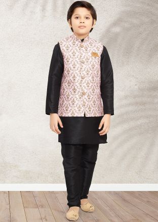 Black Plain Kids Kurta Pajama With Printed Jacket