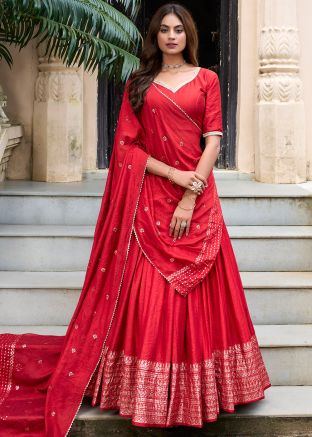 Red Woven Chanderi Lehenga Choli & Dupatta