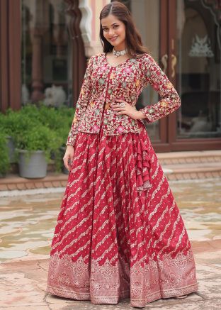 Red Embroidered Readymade Kurti Style Lehenga In Georgette