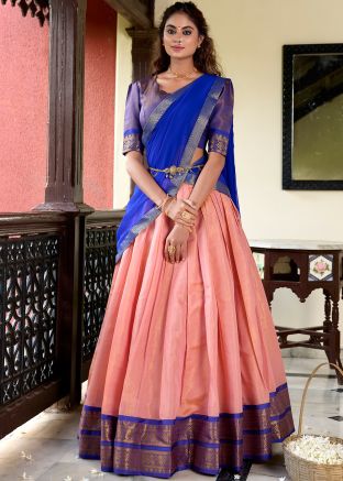 Peach Zari Woven Lehenga Choli In Kanchipuram Silk