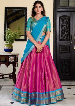 Pink Kanchipuram Silk Lehenga Choli In Zari Woven Work