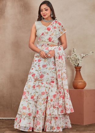 Off White Floral Print Lehenga Choli In Georgette