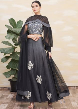 Grey Embroidered Cape Style Lehenga Choli In Lycra