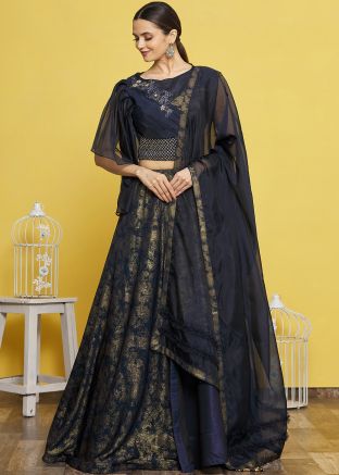 Navy Blue Embroidered Art Silk Lehenga Choli