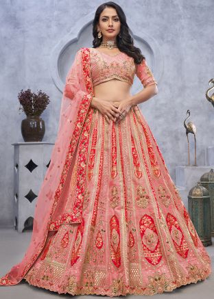 Peach Embroidered Lehenga Choli In Organza