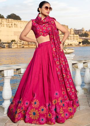 Pink Floral Print Lehenga Choli & Dupatta