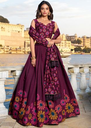 Wine Floral Print Lehenga Choli & Dupatta