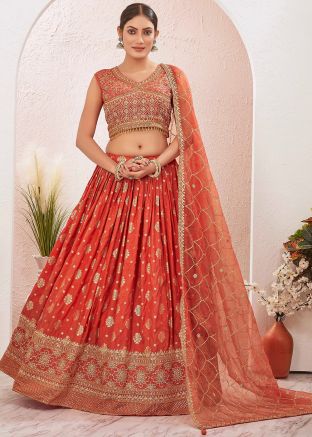Orange Art Silk Embroidered Lehenga Choli Set