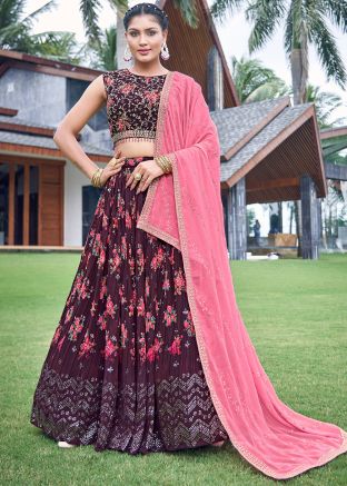 Brown Floral Print Lehenga Choli In Georgettte