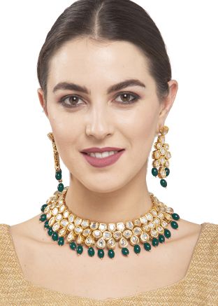 Kundan Studded And Pearls Green Necklace Set