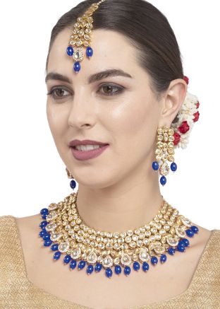 Pearls And Kundan Studded Blue Necklace Set
