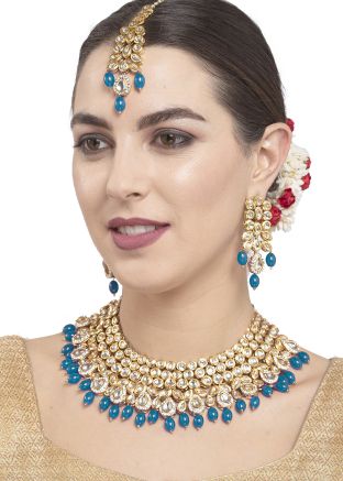Kundan Studded And Pearls Blue Necklace With Earrings
