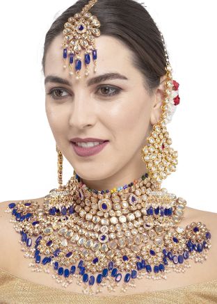 Kundan Studded And Pearls Choker Blue Necklace With Earrings