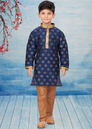 Readymade Navy Blue Printed Kids Kurta Pajama