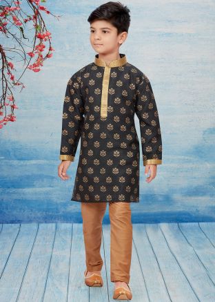 Readymade Black Printed Kurta Pajama For Kids