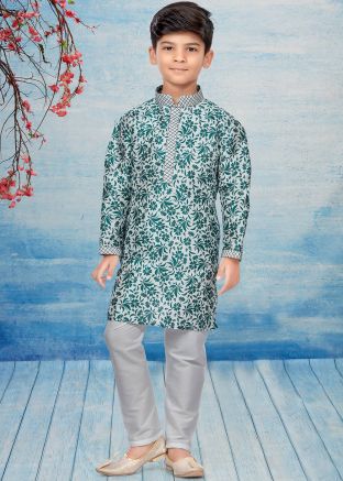 Off White Kids Floral Print Readymade Kurta Pajama