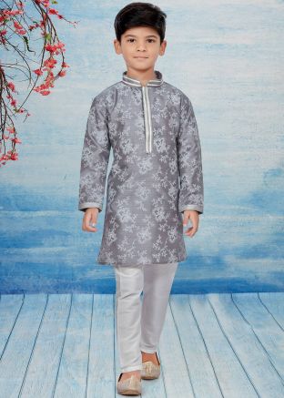 Grey Floral Print Kids Readymade Kurta With Pajama