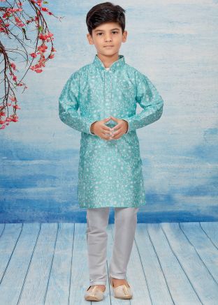 Blue Kids Readymade Floral Printed Kurta Pajama