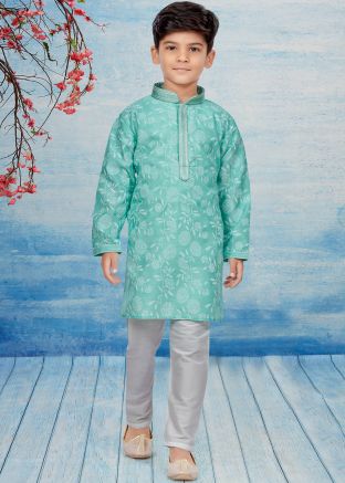 Turquoise Floral Print Kids Readymade Kurta & Pajama