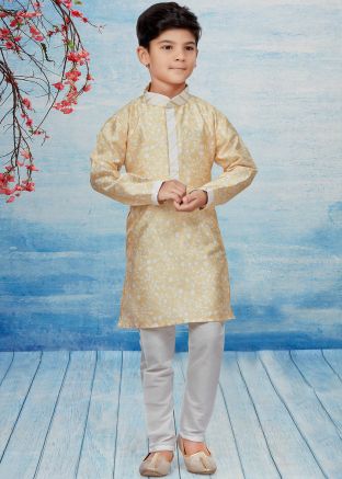 Yellow Kids Readymade Floral Print Kurta Pajama