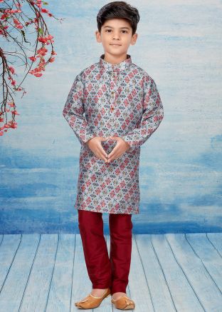 Readymade Grey Printed Kurta Pajama For Kids