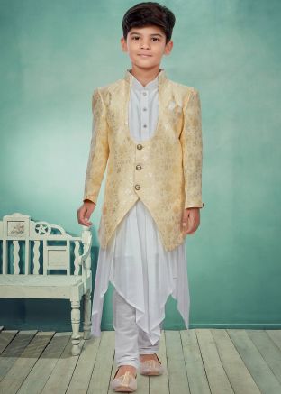 Readymade Off White Kids Asymmetric Kurta Pajama & Jacket