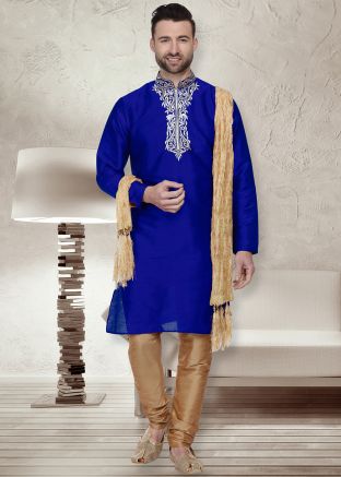 Blue Dupion Silk Embroidered Kurta Churidar