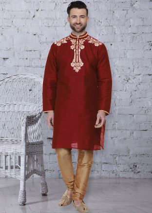 Maroon Readymade Embroidered Kurta Churidar