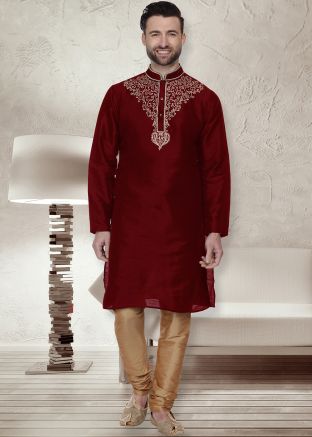 Readymade Maroon Embroidered Kurta Churidar