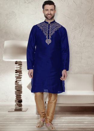 Blue Dupion Silk Embroidered Kurta Churidar