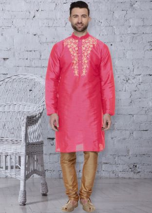 Pink Embroidered Dupion Silk Kurta Churidar