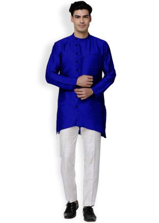 Blue Dupion Silk Asymmetric Kurta With Pant