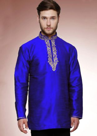 Blue Dupion Silk Embroidered Short Kurta