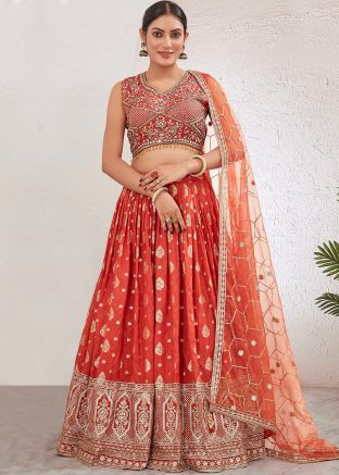 Orange Art Silk Embroidered Lehenga Choli Set
