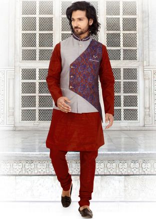 Grey Blue Art Silk Jacquard Nehru Jacket