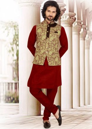 Beige and Maroon Art Silk Jacquard Nehru Jacket