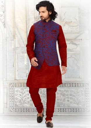 Maroon and Blue Asymmetric Nehru Jacket