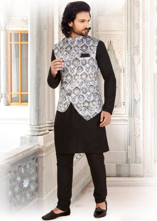 White Asymmetric Art Silk Jacquard Nehru Jacket