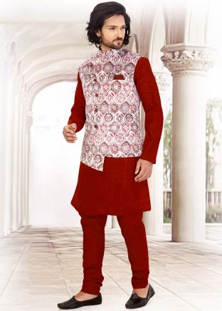 White Art Silk Jacquard Asymmetric Nehru Jacket