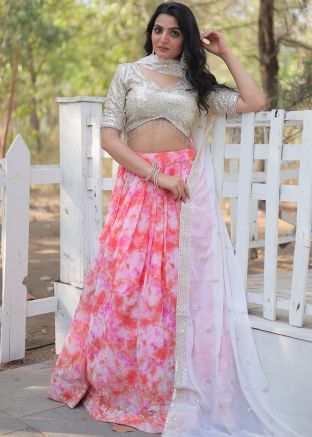 Pink Tie-Dye Print Lehenga Choli In Georgette