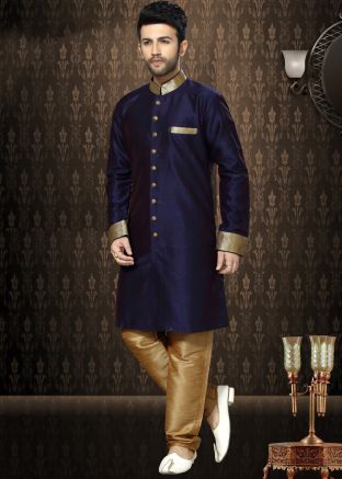 Readymade Dark Blue Art Silk Indo Western Sherwani