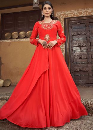 Readymade Red Embroidered Cotton Gown