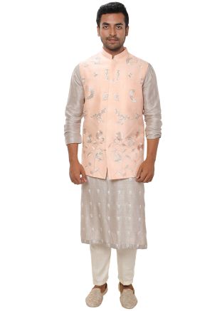 Grey Kurta Pant With Embroidered Nehru Jacket
