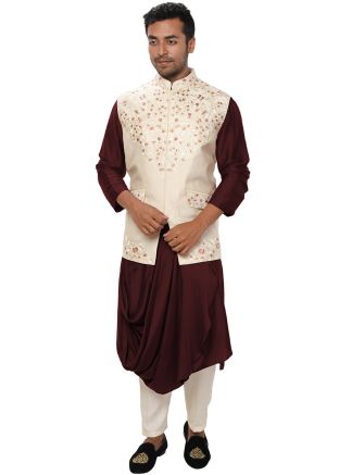 Maroon Cowl Kurta Pant With Embroidered Jacket